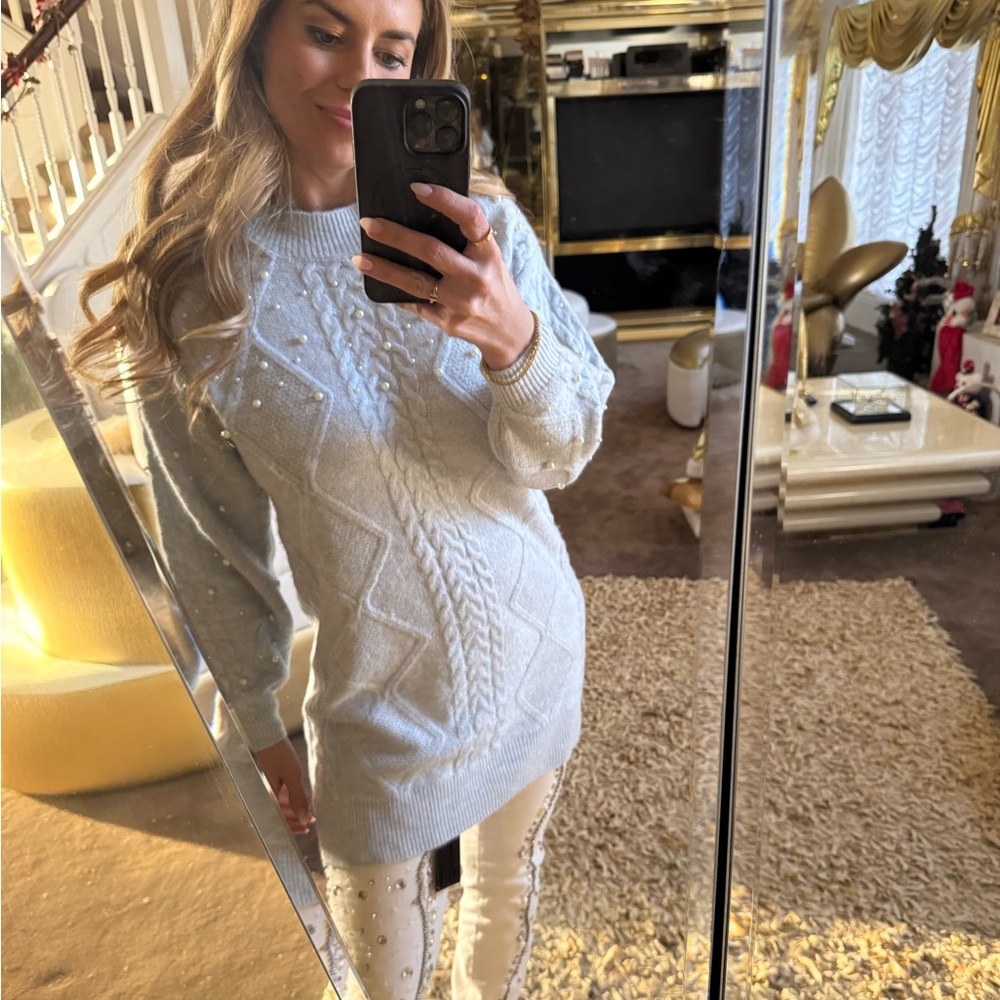 New nwt Light Blue Cable-Knit Pearl-Embellished Sweater Dress